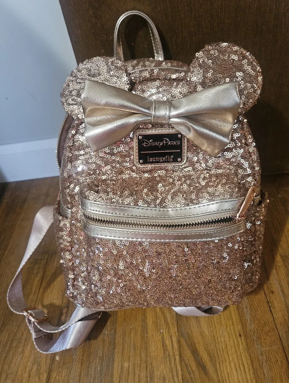 Loungefly Disney Parks Rose Gold Sequin Minnie Ear Mini Backpack